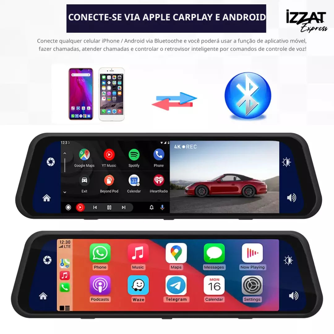 Retrovisor Inteligente 4K Tazzi c/ AndroidAUTO & Apple CarPlay + Brinde Câmera de Ré