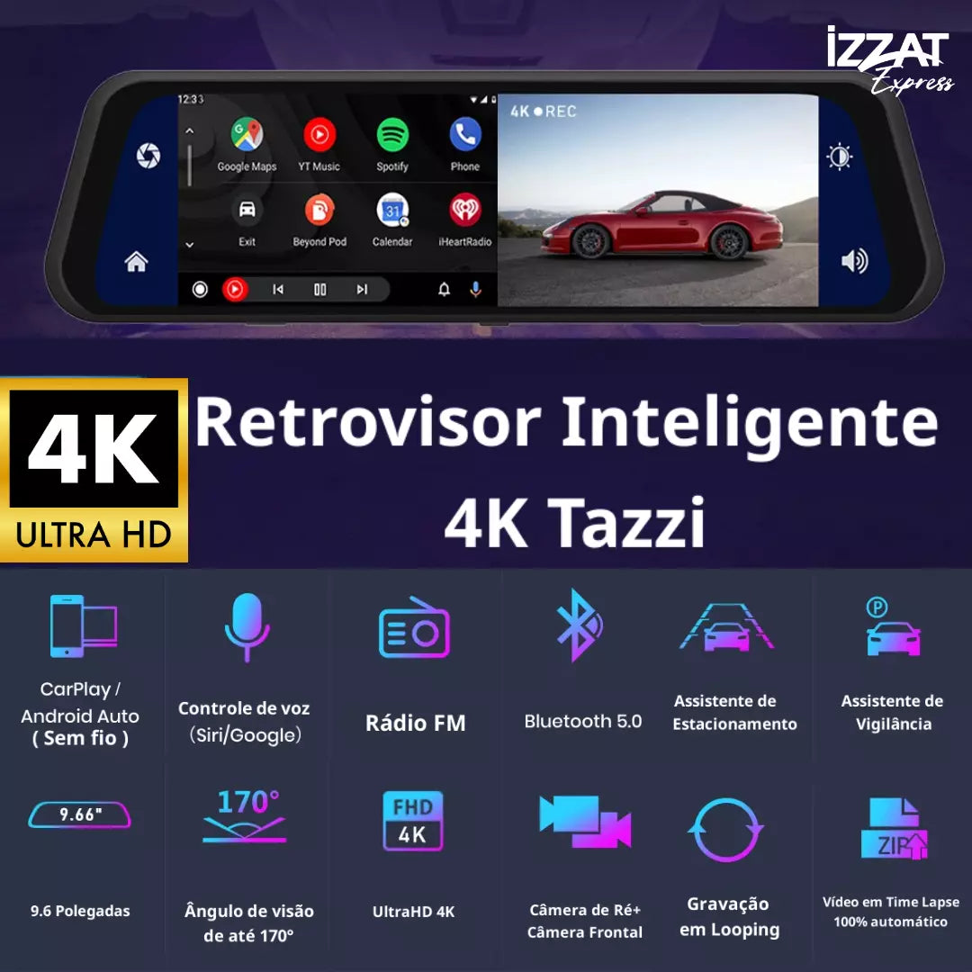 Retrovisor Inteligente 4K Tazzi c/ AndroidAUTO & Apple CarPlay + Brinde Câmera de Ré