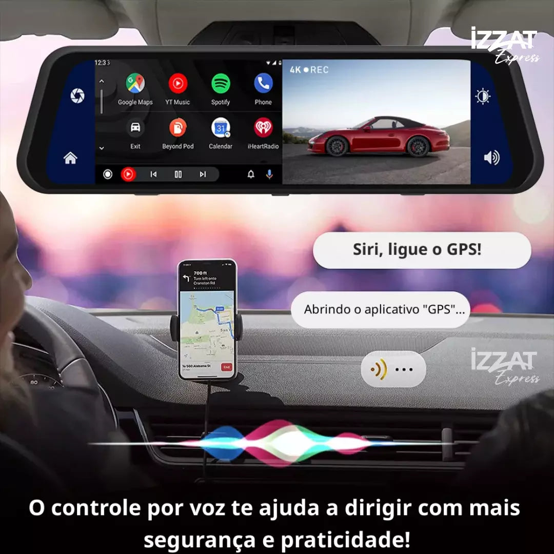 Retrovisor Inteligente 4K Tazzi c/ AndroidAUTO & Apple CarPlay + Brinde Câmera de Ré